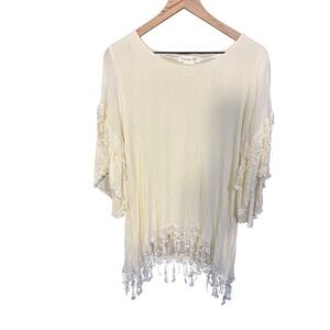 Paisley Vine Ivory Lace Trim Bell Sleeve Tunic Top M